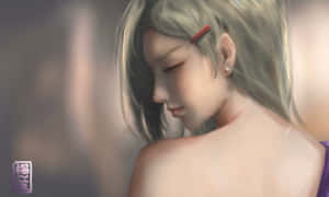 銀色頭髮和紅色髮夾的動漫女孩溫柔地向下看。
