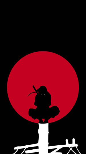 黑色武士剪影坐在白色基座上，背景是紅色圓形。 — 火影忍者 iPhone 壁紙