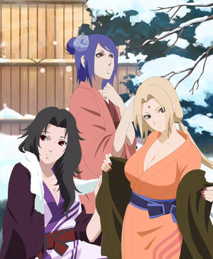三個穿著冬季和服的動畫女孩站在雪地庭院中。