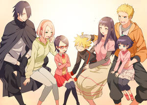 七人動畫家庭，表情各異，穿著色彩繽紛的服裝一起擺姿勢。 — Naruto and hinata GIF 壁紙