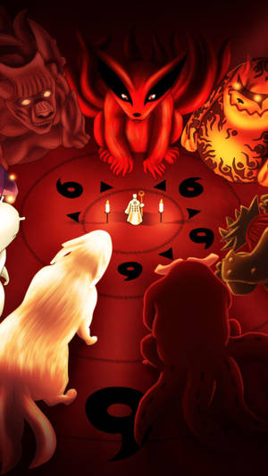 動畫場景，一名忍者被九隻紅色狐狸惡魔包圍在一個儀式圓圈中。