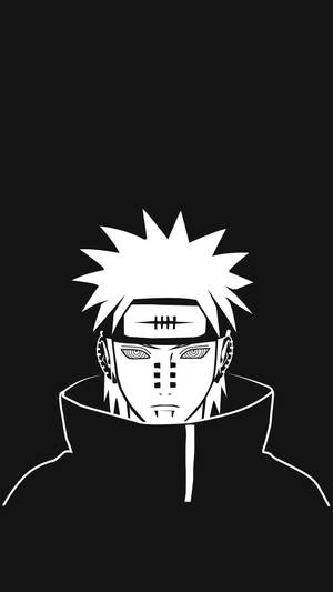 在黑色背景上以極簡白色線條藝術呈現的尖刺頭髮和頭帶的動漫角色。