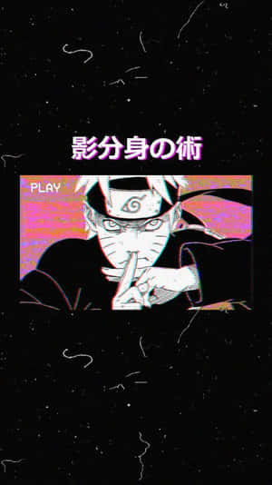 動漫忍者施展影分身之術，帶有故障效果同粉紅色文字。 — 火影忍者手機 壁紙