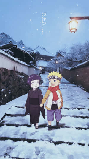 兩個動畫小孩在夜晚的燈籠下牽手走在雪中。
