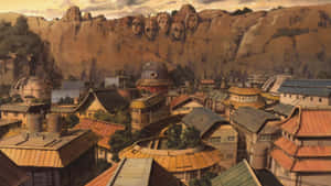 動漫村莊，以石臉山為背景，金色時刻。 — 火影忍者疾風傳 壁紙