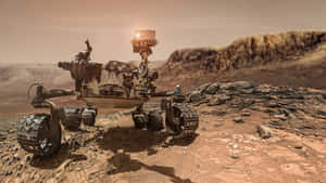 火星探測車在日落時探索岩石紅色行星表面