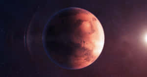 在星光燦爛的太空場景中，明亮的太陽照亮了紅色行星火星。