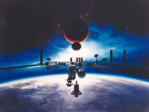 太空站和穿梭機繞地球運行，背景有紅色行星。