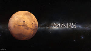 行星火星，帶有金屬字體的「MARS」字樣，背景是星光銀河。