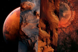 火星行星和表面特徵，包括峽谷和隕石坑，在星空下。