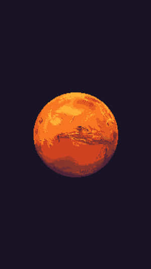 像素化火星在深紫色太空背景下發出橙色光芒