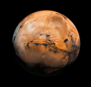 火星行星，表面呈鏽色，太空中帶有黑暗峽谷