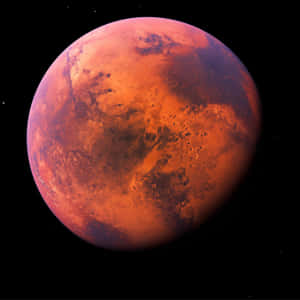 火星行星，表面呈橙紅色，帶有黑暗隕石坑，背景為黑色星空。