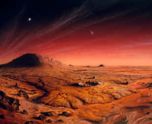 紅色外星沙漠景觀，有山脈和兩輪月亮在暮色天空中。 — 火星 GIF 壁紙
