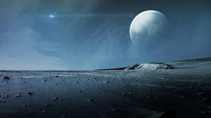 冰凍的外星景觀，天空中有巨大的月亮和星光。 — 太空 壁紙