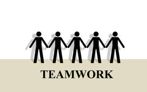 五個火柴人手牽手，下方有「teamwork」一詞。