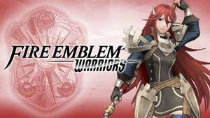 動漫風格的女戰士穿著盔甲，手持劍，帶有Fire Emblem Warriors標誌。