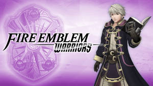 動漫戰士身穿紫色和金色盔甲，手持帶有Fire Emblem Warriors標誌的書。