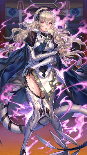 動漫女孩身穿銀色盔甲，被紫色魔法能量包圍。