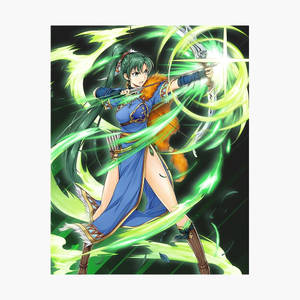 動漫女弓箭手發射發光綠色箭矢，披著毛皮斗篷和藍色服裝。
