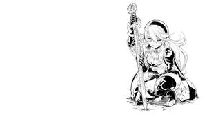黑白線條藝術中，動漫女孩跪著手持花朵劍柄的劍。
