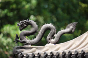 灰色龍雕塑在傳統屋頂上，綠色樹葉背景 — 龍 壁紙