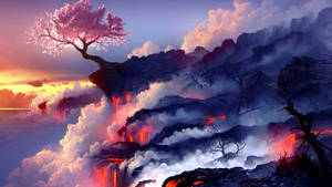火山懸崖上的櫻花樹，有流動的熔岩和日落時的雲層。 — 著火 壁紙