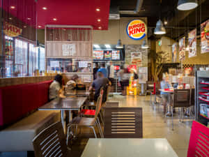 顧客在繁忙的Burger King餐廳的餐桌旁用餐，餐廳設有紅色卡座和明亮的燈光。