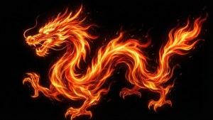 一頭由火焰組成的火龍，襯托在黑色背景上。