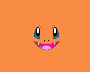 一個微笑的卡通臉孔，藍色眼睛，粉紅色嘴巴，橙色背景。