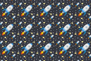 重複的卡通火箭帶有火焰，在深灰色背景上飛過星星和行星 — 設計 壁紙