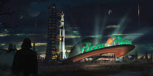 在星空下，發射台上有一艘火箭飛船，發光的Pizza Planet餐廳。 — 火箭 GIF 壁紙