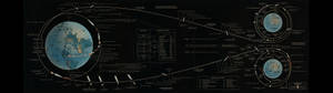 技術太空任務圖表，顯示地球軌道和太空船軌跡。 — 3840x1080 GIF 壁紙