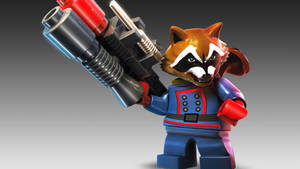 LEGO Rocket Raccoon在工作室拍攝中手持大型科幻武器。