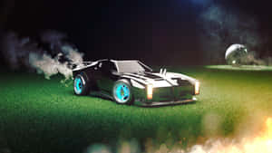 未來主義黑色跑車，帶有發光的藍色車輪，在夜間的草地上漂移，伴有煙霧和火焰。 — 電腦 GIF 壁紙