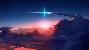 一顆發光的流星在繁星點點的暮色天空中，穿過色彩繽紛的雲層留下一道軌跡。 — 火箭 GIF 壁紙