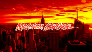 日落時分的城市天際線，帶有粗體紅色文字寫著Maximum Carnage。