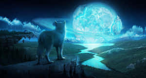 白狼在懸崖上觀看裂月下發光的河流夜景