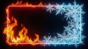 深色背景上左邊有火焰、右邊有雪花的霓虹燈框