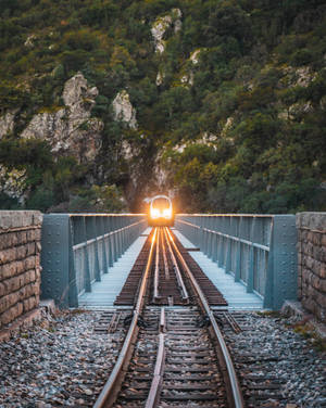火車在日落時分穿過森林覆蓋的山脈，駛過鋼橋