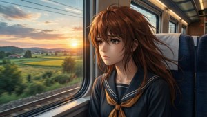 穿著水手服的動漫女孩在夕陽下望向火車窗外