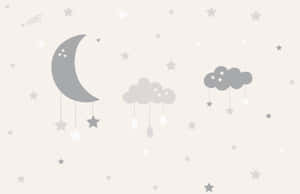柔軟灰色的月亮雲朵、星星和雨滴漂浮在淺色背景上。