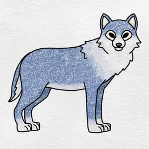 藍色閃亮狼插圖，帶黑色輪廓，在紋理白色背景上。