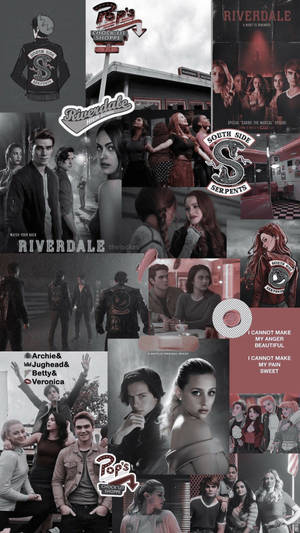 Riverdale 電視節目角色拼貼畫，帶有黑暗的城市場景和紅色品牌標識。 — 灰色 GIF 壁紙