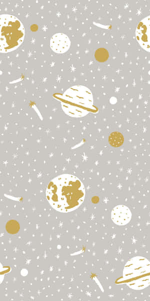 灰色背景上帶有金色和白色行星、彗星和星星的星空壁紙。