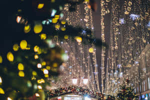 夜晚的節日街道，掛著燈飾，前景樹木模糊。 — 聖誕燈飾 壁紙