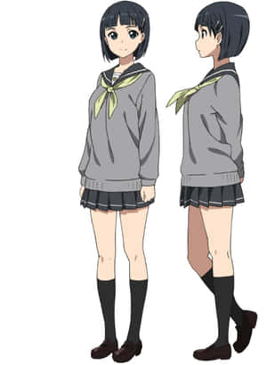 灰色水手服動漫女學生，正面和背面視圖。 — Kindle 壁紙