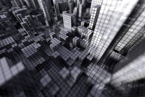 抽象黑白3D渲染城市，帶有網格圖案的摩天大樓。