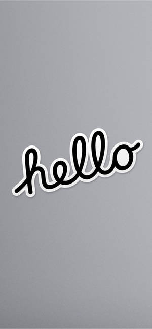 灰色背景上帶白色邊框的黑色草書 hello 貼紙。 — iPhone 16 壁紙
