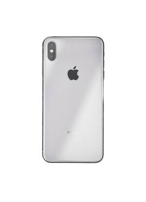 銀色iPhone X背面，帶有Apple標誌和雙攝像頭，白色背景。
